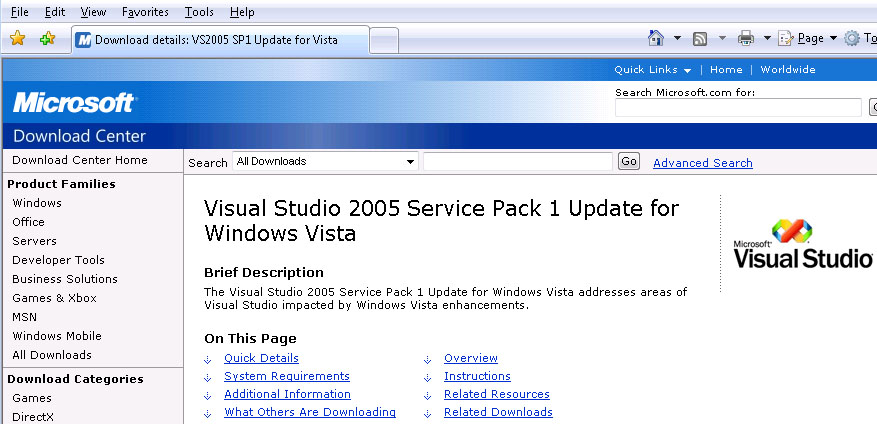 ... 패치, Visual Studio 2005 Service Pack 1 Update for Windows Vista